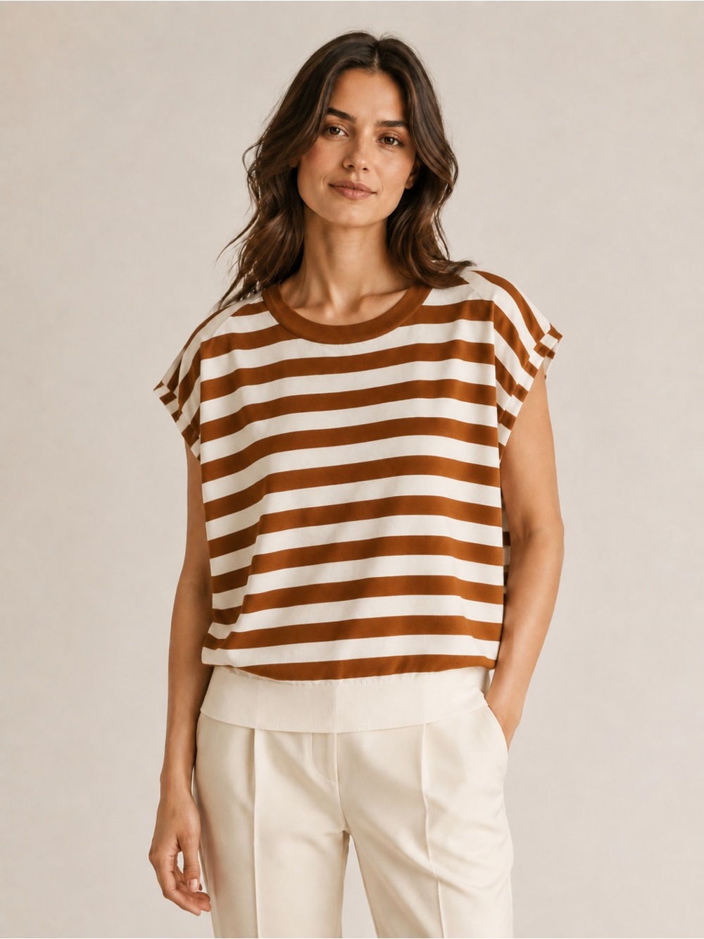 CLOSED Brown & Ivory Striped Cotton Knit Cap Sleeve Top Oversized Size XS